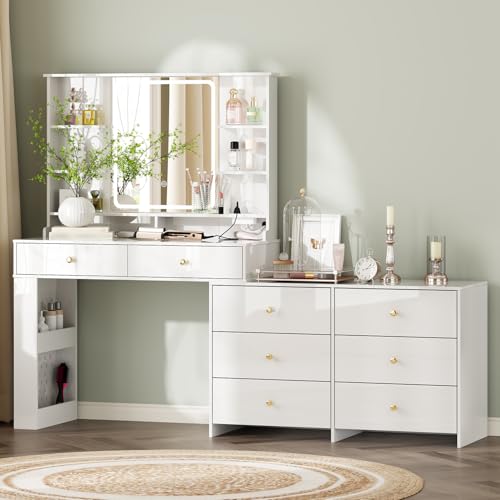White 8 Drawer Vanity Desk with Mirror and Lights H261976