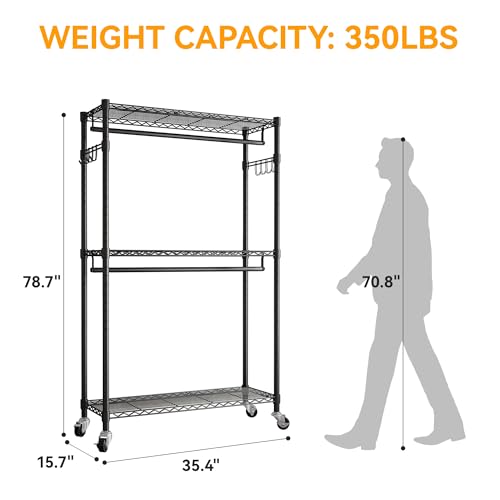 Black Heavy Duty Rolling Garment Rack with Wheels Double Hanging Rods J2733