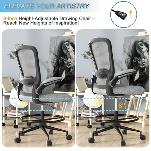 Black Drafting Chair with Flip-up Armrests and Adjustable Footrest Ring B497374