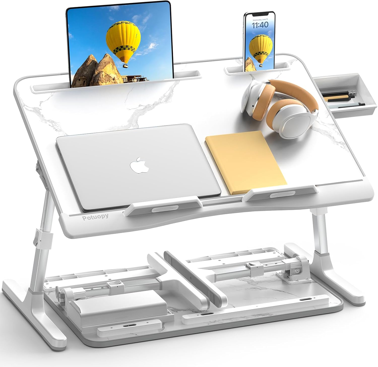 X-Large Marble and Grey Adjustable Folding Lap Desk Tray with Drawer R4563