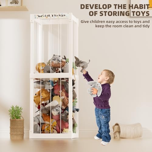 White Wooden Stuffed Animal Storage Cage with Elastic Rope P95121