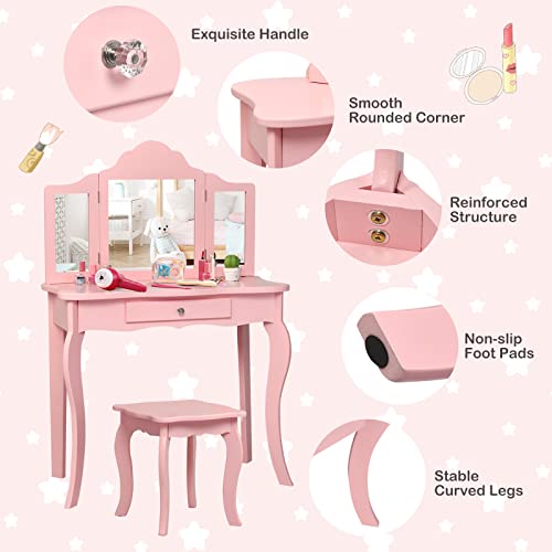 White Wooden Kids Vanity Set with Mirror and Stool Z713315