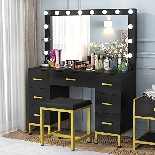 Black 44'' Vanity Desk with Lighted Mirror, 14PCS LED Bulbs, Cushioned Stool & 7 Drawers D79924
