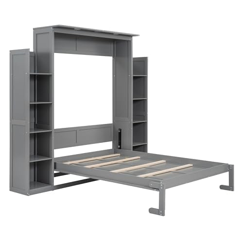 Grey Full Size Wood Murphy Bed with Storage Shelves and LED Lights P106235