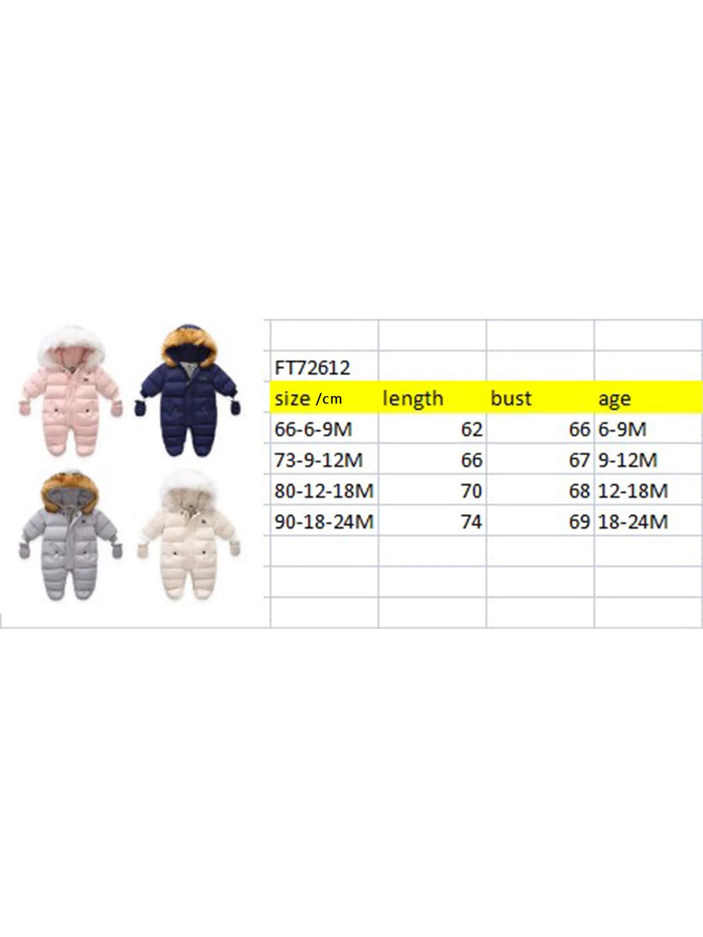 Infant Baby Snowsuit Hooded Puffer Jacket T107