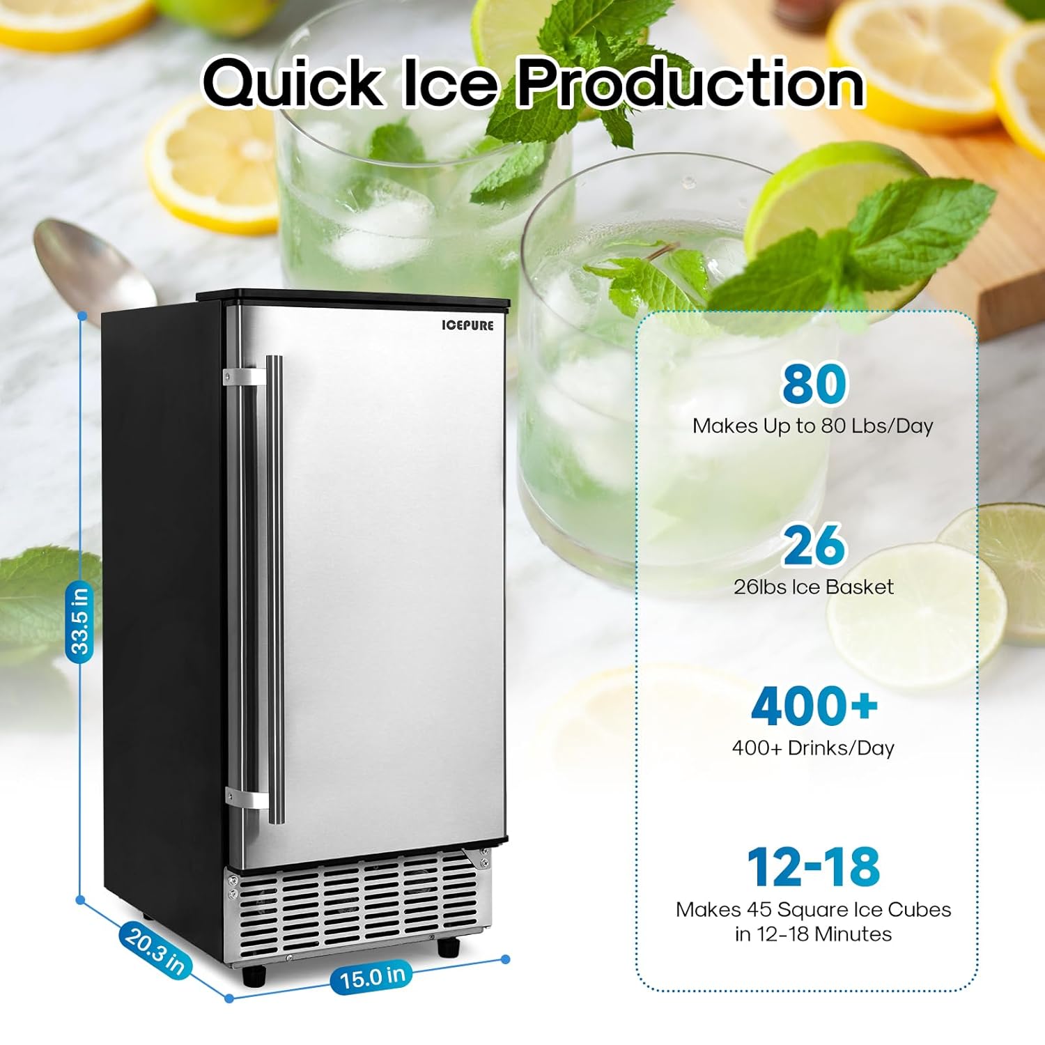 Commercial Ice Maker, Stainless Steel, 80 Lbs/24H H723