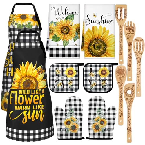 13 Pcs Bee Sunflower Kitchen Decor Set with Wooden Spoons, Kitchen Towels, Apron, Oven Mitts, Pot Holders Q279