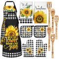 13 Pcs Bee Sunflower Kitchen Decor Set with Wooden Spoons, Kitchen Towels, Apron, Oven Mitts, Pot Holders Q279