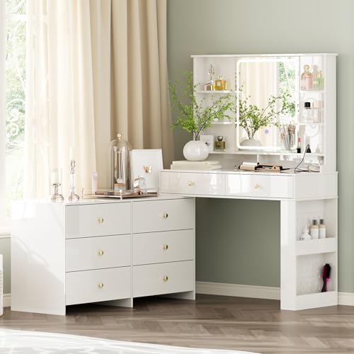White 8 Drawer Vanity Desk with Mirror and Lights H261976