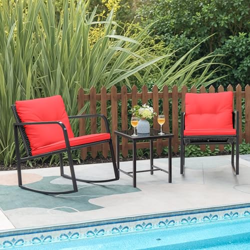 Beige 3 Pieces Wicker Bistro Set with Glass Coffee Table J34832