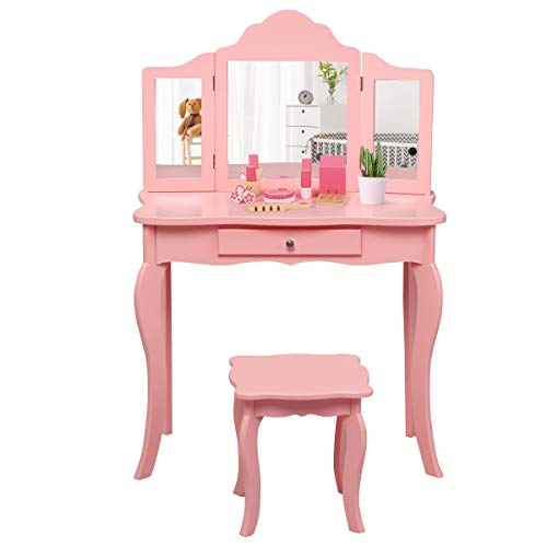 White Wooden Kids Vanity Set with Mirror and Stool Z713315