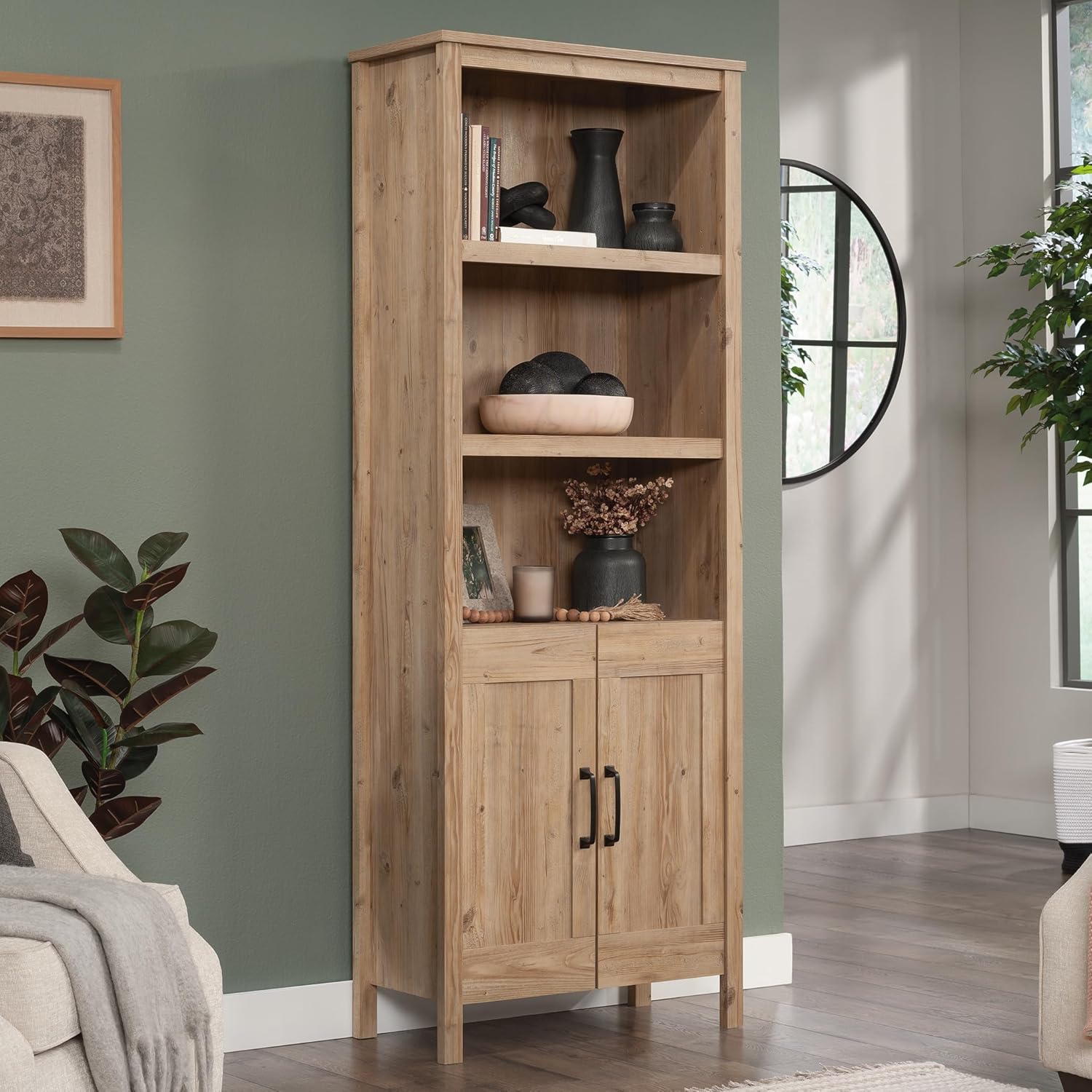 Khaki Pine Finish Bookcase with Doors P2833