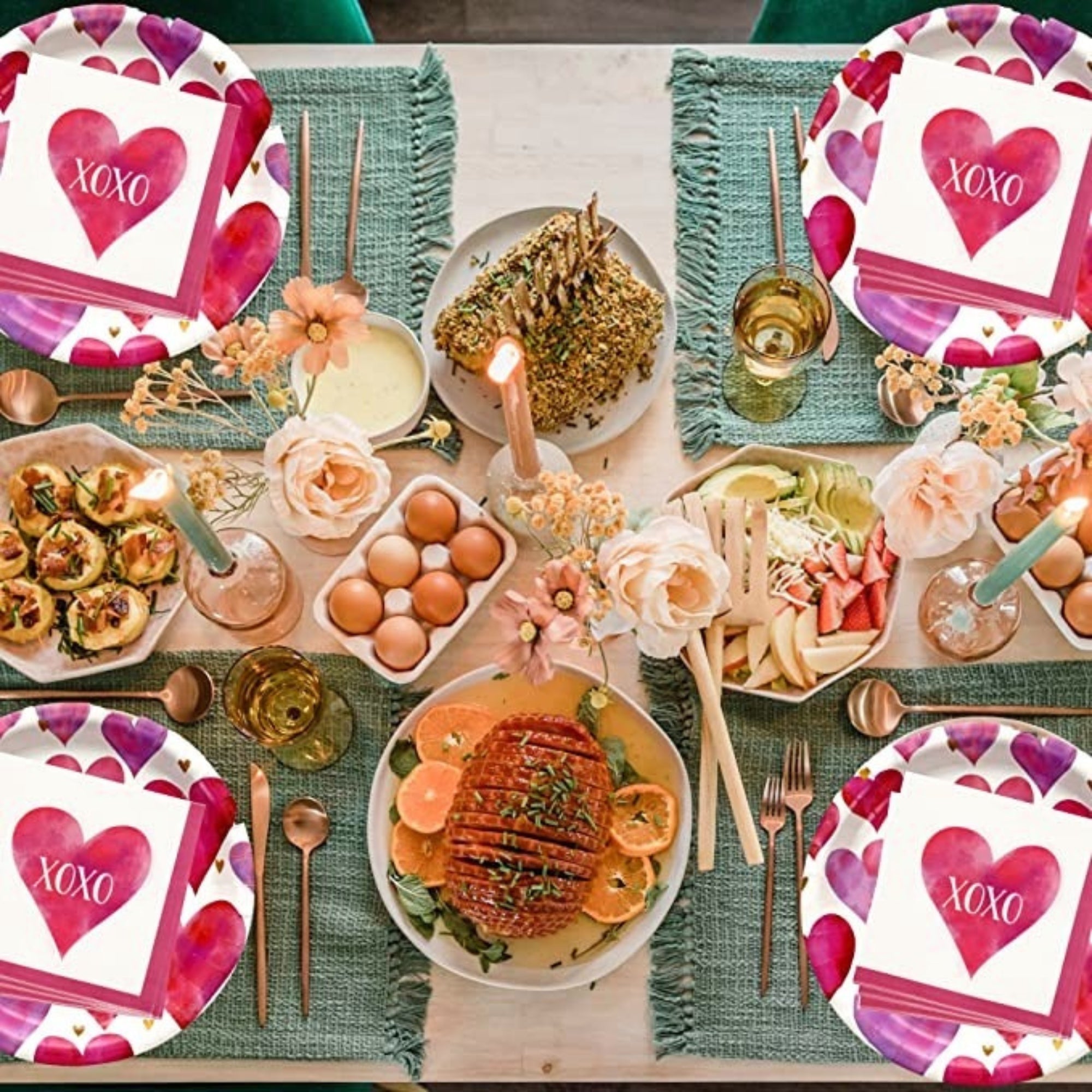 Valentine Heart Design Round Paper Plates with Matching Napkins and Pink Plastic Utensils Disposable Tableware Set of 3 O29047