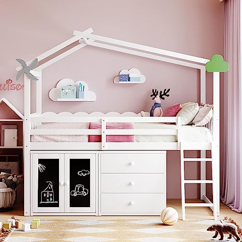 Grey Twin Size Wood Loft Bed with Storage Cabinet and 3 Drawers O497292