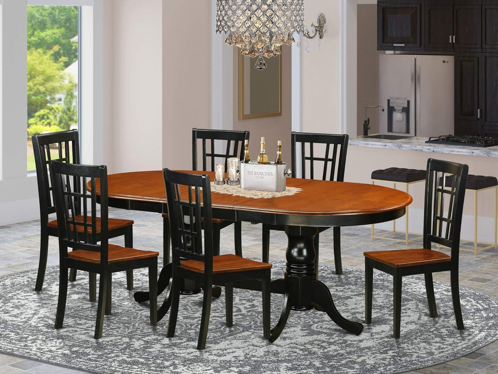 7 Piece Oval Dining Table with Butterfly Leaf and 6 Wood Seat Chairs, Black & Cherry L15250