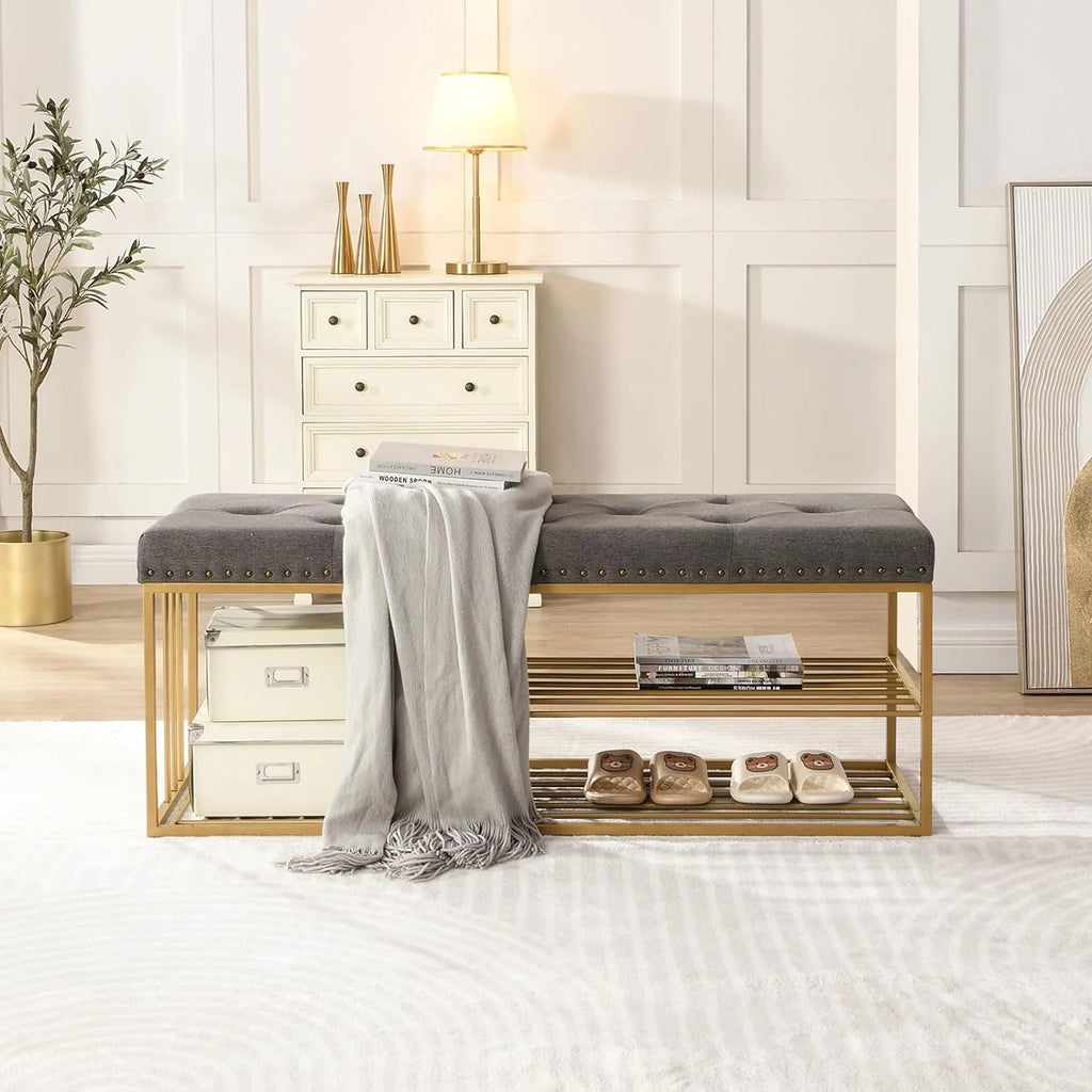 Grey Upholstered Storage Bench with Nailhead Trim O185045
