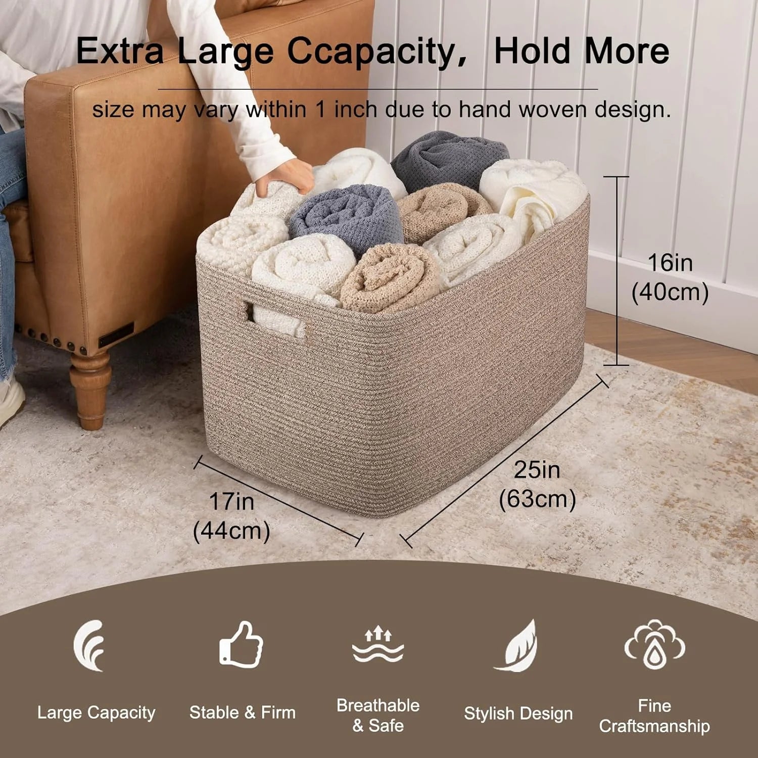 XXXLarge Cotton Rope Storage Basket, Oversized Blanket Basket, Black G7966