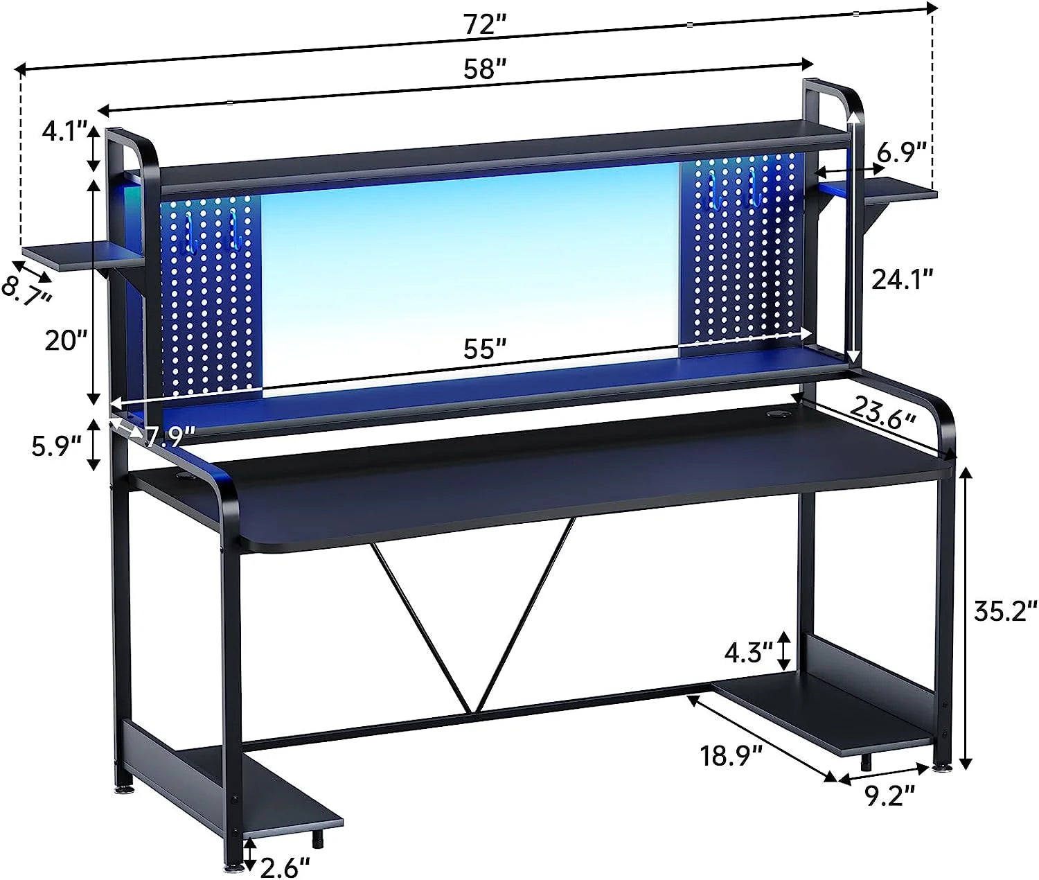 55" Gaming Desk with Hutch, Shelves, LED Lights, Pegboard and Monitor Shelf, Black K2756