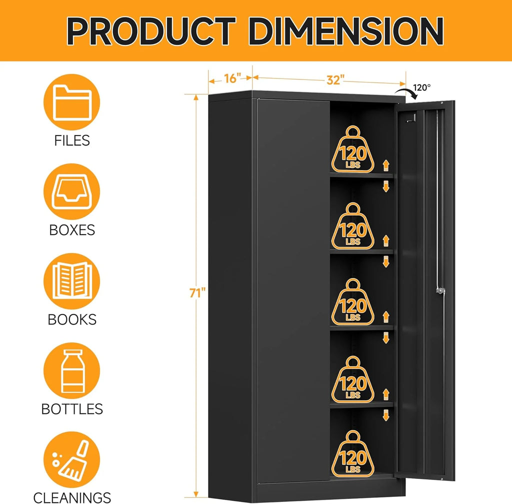 Metal Storage Cabinet with Locking Doors and 4 Adjustable Shelves, 71" Tall Black Z9800