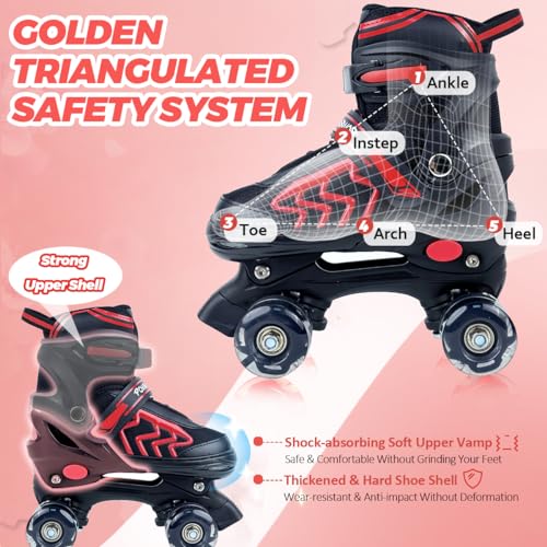 Adjustable Quad Roller Skates with Light Up Wheels, Black & Red N803